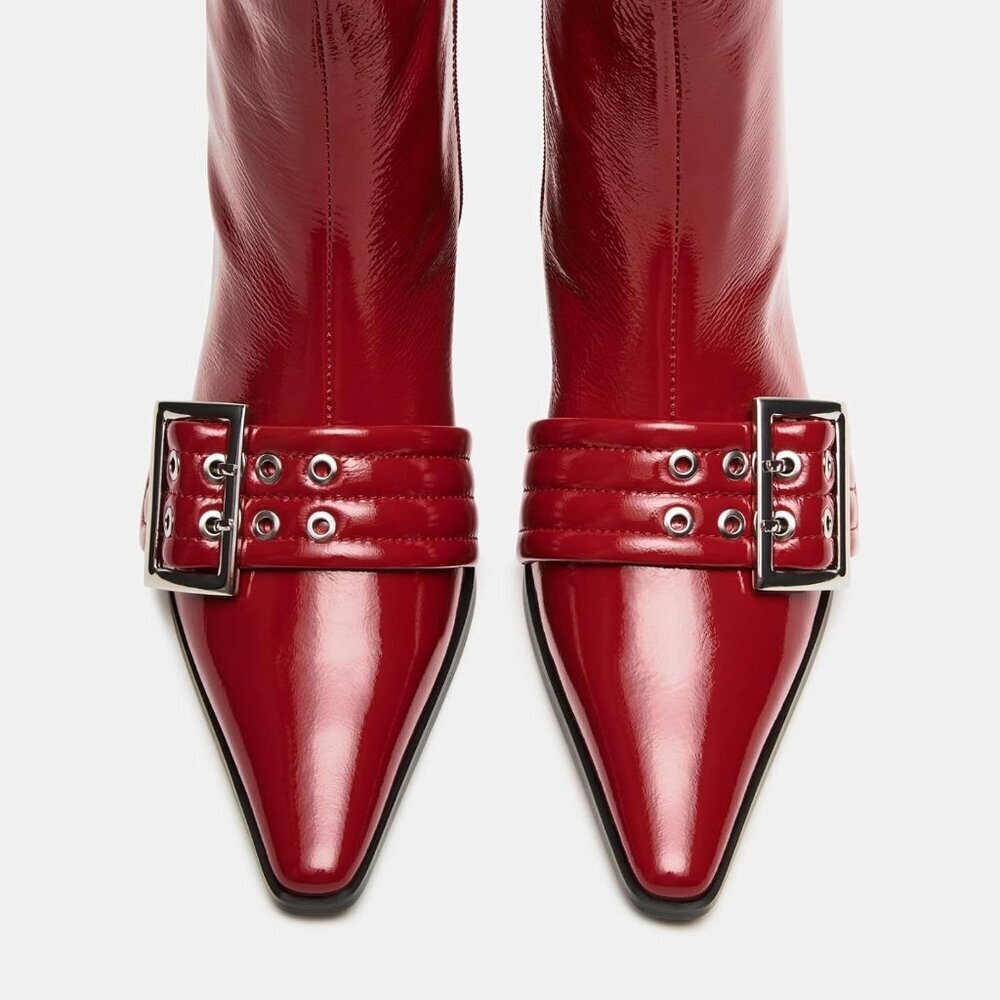 Women's Red Buckle Ankle Kitten Low Heel Eyelet Pointy Toe Dress Short Boots - Picture 6 of 9